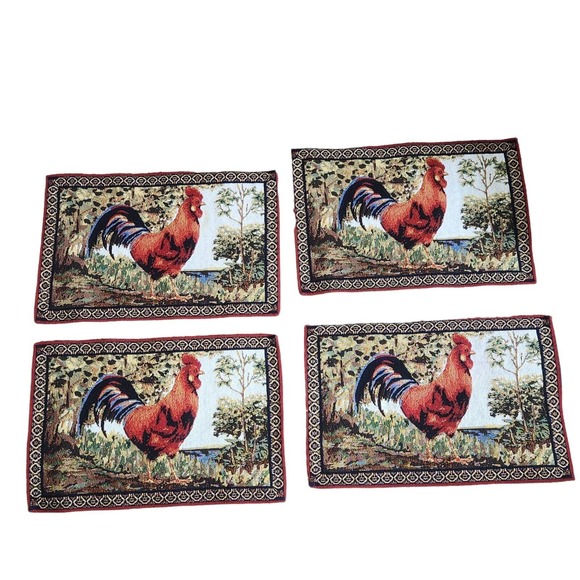 Set Of 4 Rooster Placemats Woven Tapestry Dining Kitchen Chicken Red Farmhouse - Picture 1 of 2